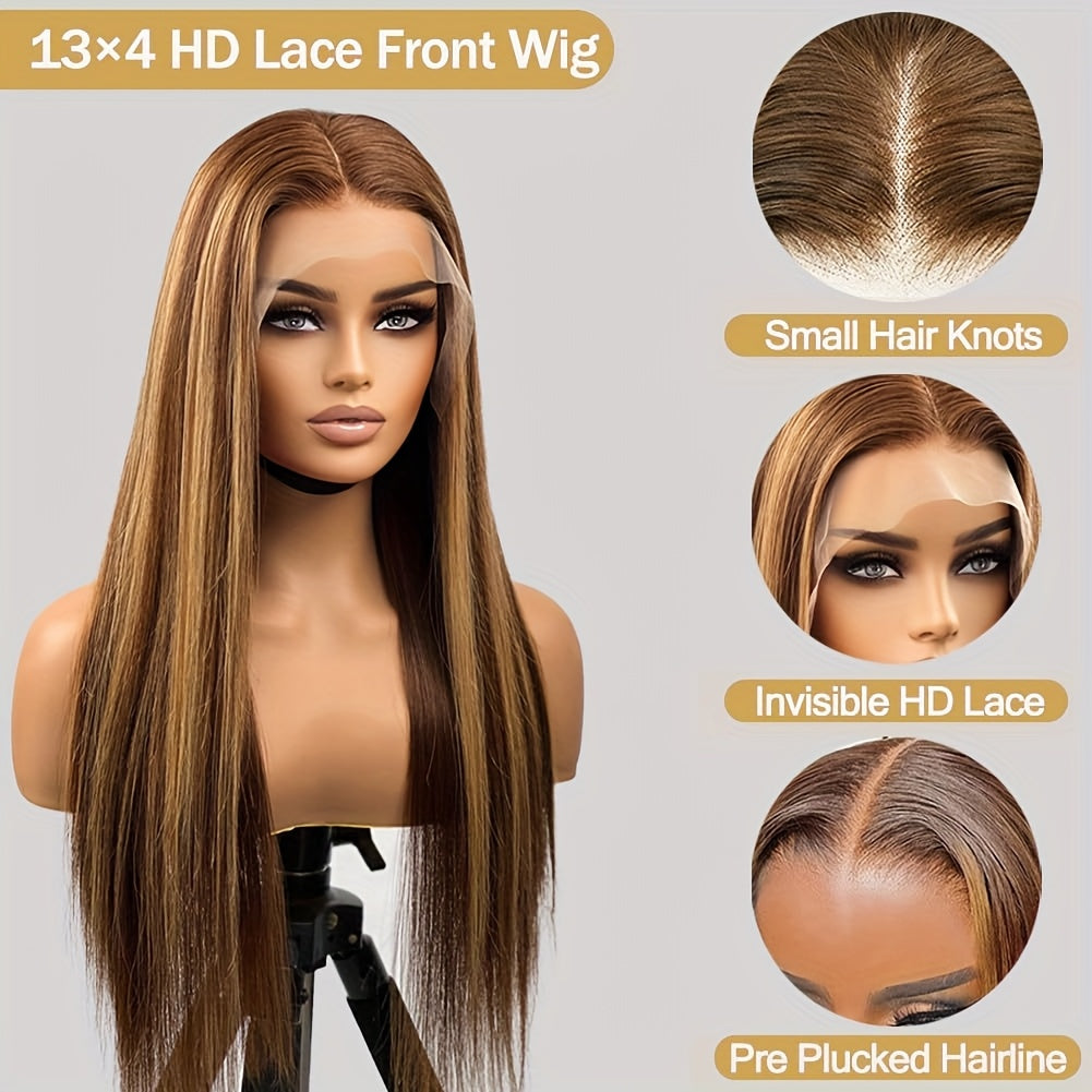 13x4 Honey Blonde Straight Lace Front Wigs Human Hair Highlight Ombre 200% Density Pre Plucked Pre Cut Transparent Frontal Human Hair Wigs For Women With Baby Hair 4/27